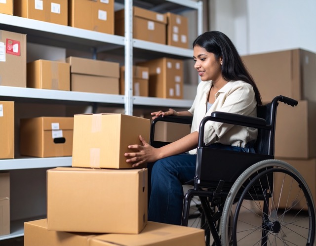 accesibilidad-trasteros en tamaño mediano Persona en silla de ruedas, con mobilidad reducida, coloca cajas en un trastero de alquiler