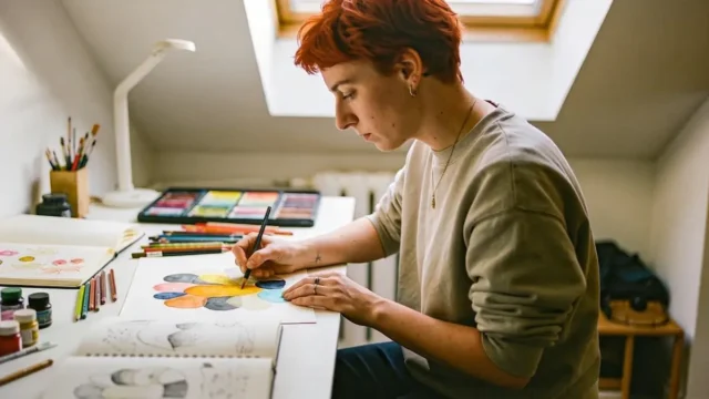 Ilustradora trabajando en casa